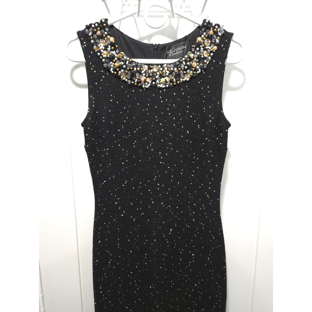 St John Couture Black Sequin Santana Knit Hand Beaded Dress Size 2 Made in USA